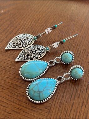 Silver-tone & Blue Stone Earrings, NWOT